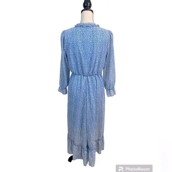 Dusty Blue Boho Peasant Ruffles V-Neck Dress Size Small - Picture 2 of 6